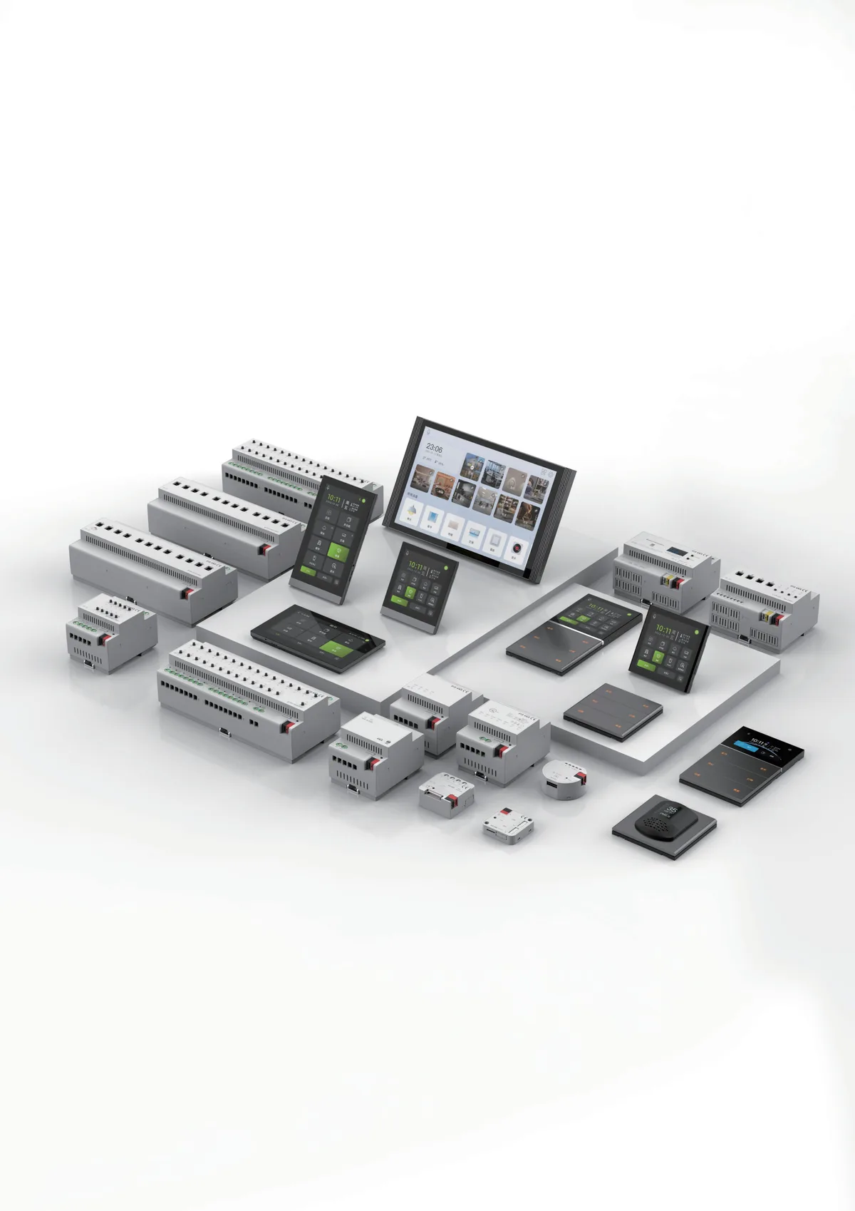 Composants d'une installation KNX — actionneurs, capteurs et panneaux tactiles multi-marques